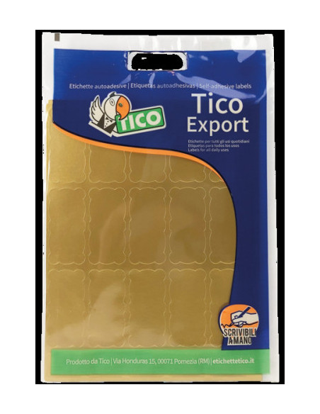 PAQUETE 10 HOJAS ETIQUETAS SATINADAS ORO 45X21 MM TICO E-GL-4521