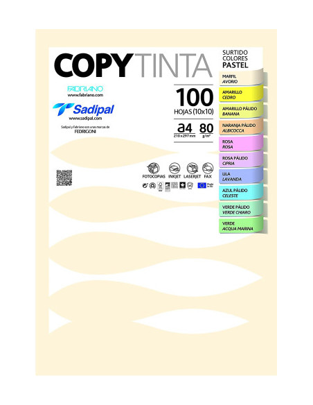 PAQUETE 100 HOJAS A4 80G COLORES SURTIDOS PASTEL (10 HOJAS x COLOR) FABRIANO 11302