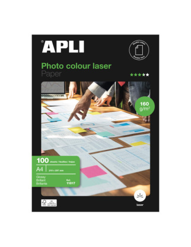 PAQUETE 100 HOJAS PAPEL FOTO COLOUR LASER A4 160G. APLI 11817