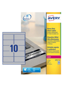 PAQUETE 20 HOJAS ETIQUETAS PLATEADAS DE POLIÉSTER-IMPRESORAS LÁSER-96X50