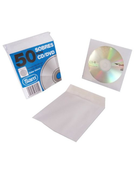 PAQUETE 50 SOBRES PARA CD / DVDS. BLANCO 90 GRS. VENTANA PLASTIC0 108 DIAMETRO 125X125 ENGOMADO AUTOADHESIVO SAM 664897
