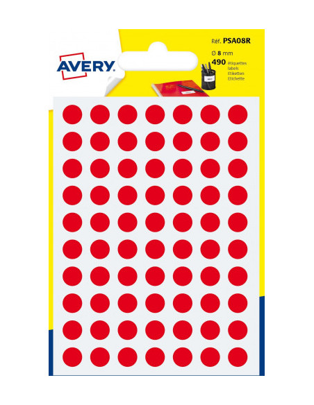 PAQUETE 6 HOJAS ETIQUETAS REDONDAS GOMETS ROJAS 8MM DIAMETRO AVERY PSA08R PAQUETE 6 HOJAS ETIQUETAS REDONDAS GOMETS ROJAS 8MM DIAMETRO AVERY PSA08R