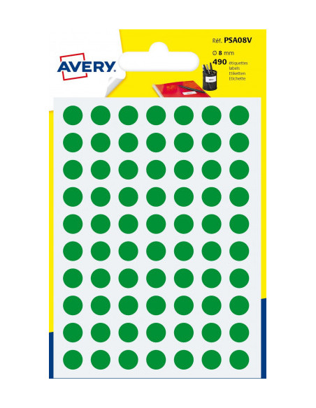 PAQUETE 6 HOJAS ETIQUETAS REDONDAS GOMETS VERDES 8MM DIAMETRO AVERY PSA08V PAQUETE 6 HOJAS ETIQUETAS REDONDAS GOMETS VERDES 8MM DIAMETRO AVERY PSA08V