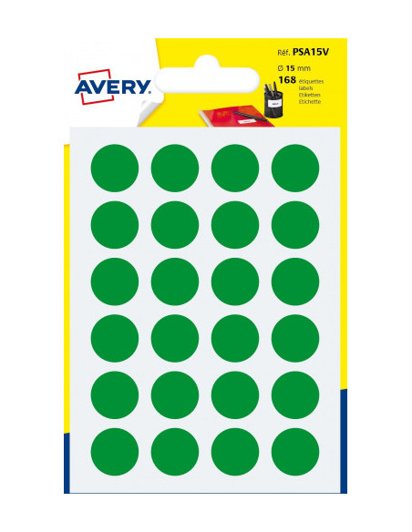 PAQUETE 7 HOJAS ETIQUETAS REDONDAS GOMETS VERDES 15MM DIAMETRO AVERY PSA15V PAQUETE 7 HOJAS ETIQUETAS REDONDAS GOMETS VERDES 15MM DIAMETRO AVERY PSA15V