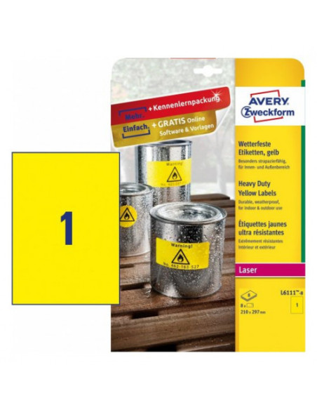 PAQUETE 8 HOJAS ETIQUETAS AMARILLAS DE POLIÉSTER-IMPRESORAS LÁSER-210 X 297 MM AVERY L6111-8 PAQUETE 8 HOJAS ETIQUETAS AMARILLAS DE POLIÉSTER-IMPRESORAS LÁSER-210 X 297 MM AVERY L6111-8