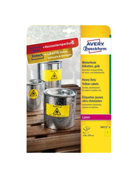 PAQUETE 8 HOJAS ETIQUETAS AMARILLAS DE POLIÉSTER-IMPRESORAS LÁSER-210 X 297 MM AVERY L6111-8