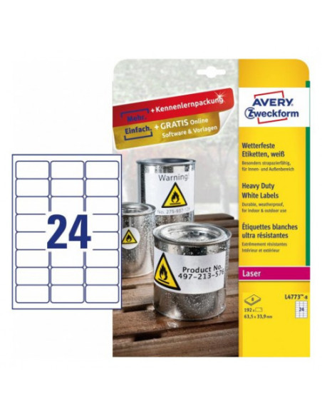 PAQUETE 8 HOJAS ETIQUETAS DE POLIÉSTER BLANCO PARA IMPRESORAS LÁSER 63 PAQUETE 8 HOJAS ETIQUETAS DE POLIÉSTER BLANCO PARA IMPRESORAS LÁSER 63