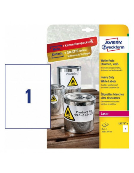 PAQUETE 8 HOJAS ETIQUETAS DE POLIÉSTER BLANCO-IMPRESORAS LÁSER-210X297 MM AVERY L4775-8 PAQUETE 8 HOJAS ETIQUETAS DE POLIÉSTER BLANCO-IMPRESORAS LÁSER-210X297 MM AVERY L4775-8