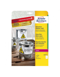 PAQUETE 8 HOJAS ETIQUETAS DE POLIÉSTER BLANCO-IMPRESORAS LÁSER-210X297 MM AVERY L4775-8 2