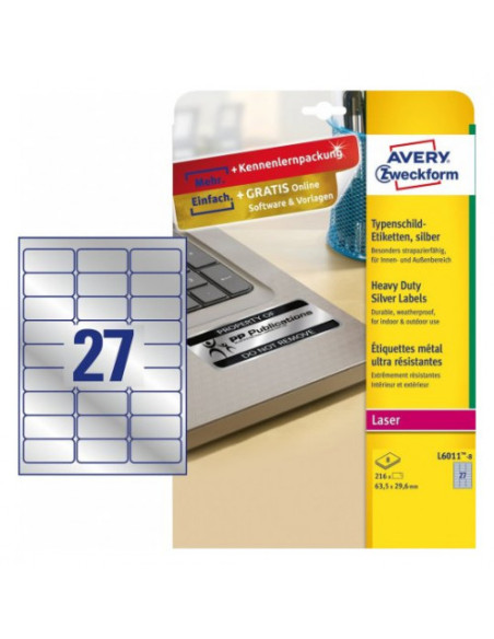 PAQUETE 8 HOJAS ETIQUETAS PLATEADAS DE POLIÉSTER-IMPRESORAS LÁSER-63