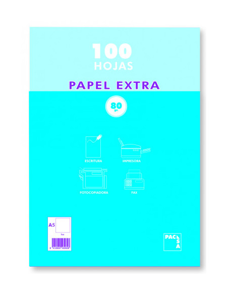 PAQUETE PAPEL EXTRA BLANCO SATINADO 100 HOJAS 80 GRS. A-5 (148X210MM.) LISO PACSA 21814