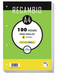 RECAMBIO 100 GRS . 4 TALADROS DIN-A4 100 HOJAS CUADRÍCULA 4X4 CON MARGEN PACSA 21050