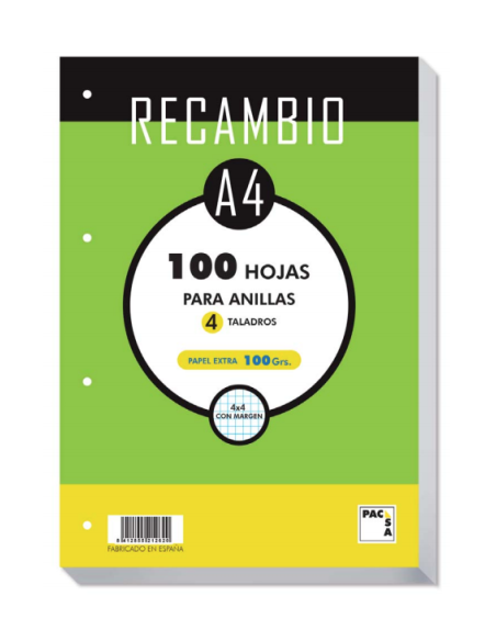 RECAMBIO 100 GRS . 4 TALADROS DIN-A4 100 HOJAS CUADRÍCULA 4X4 CON MARGEN PACSA 21050
