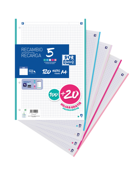 RECAMBIO 100+20 HOJAS PAQUETE A4 5X5 5 COLORES DE BANDA PASTEL OXFORD 400146851