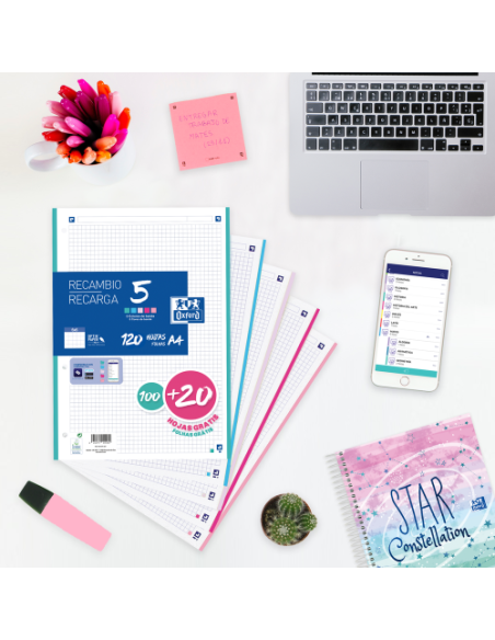 RECAMBIO 100+20 HOJAS PAQUETE A4 5X5 5 COLORES DE BANDA PASTEL OXFORD 400146851