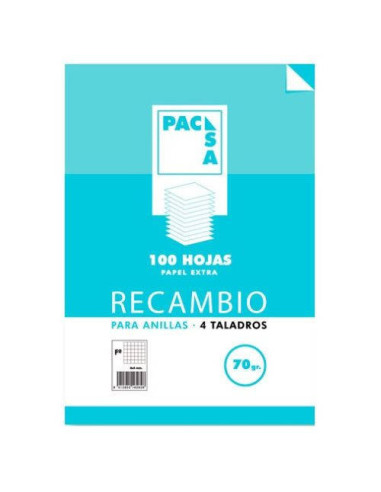 RECAMBIO 70 GRS. 4 TALADROS FOLIO (215X310MM.) 100 HOJAS CUADRÍCULA 4X4 CON MARGEN PACSA 21211
