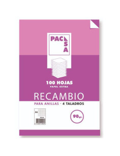 RECAMBIO 90 GRS . 4 TALADROS FOLIO (215X310MM.) 100 HOJAS CUADRÍCULA 4X4 CON MARGEN PACSA 21261