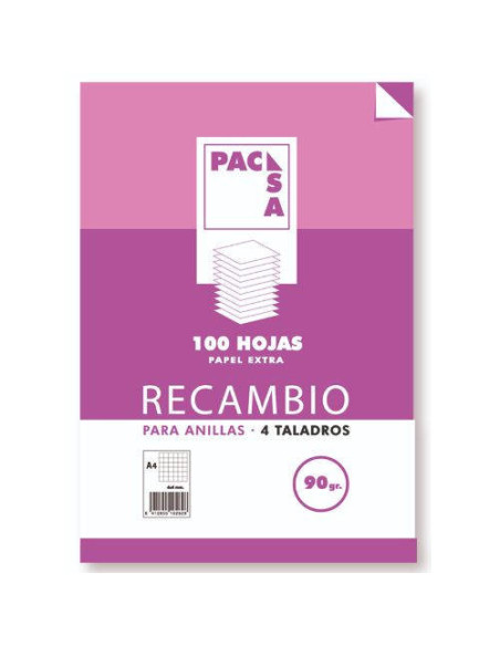 RECAMBIO 90 GRS . 4 TALADROS FOLIO (215X310MM.) 100 HOJAS CUADRÍCULA 4X4 CON MARGEN PACSA 21261