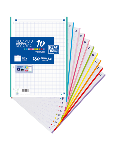 RECAMBIO A4 160 HOJAS 90GRS 5X5 BANDA 10 COLORES VIVOS Y PASTEL OXFORD 400106627