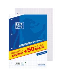RECAMBIO A4 200+50 HOJAS 90GRS 4X4 MARGEN AZUL OXFORD 400119437