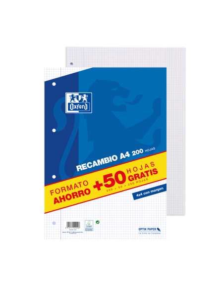 RECAMBIO A4 200+50 HOJAS 90GRS 4X4 MARGEN AZUL OXFORD 400119437