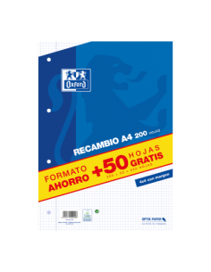 RECAMBIO A4 200+50 HOJAS 90GRS 4X4 MARGEN AZUL OXFORD 400119437 2