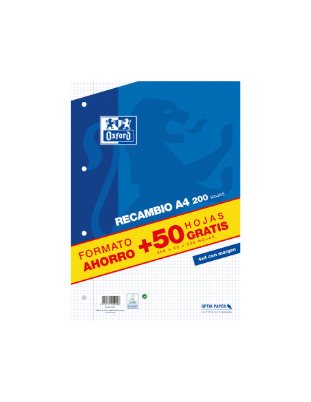 RECAMBIO A4 200+50 HOJAS 90GRS 4X4 MARGEN AZUL OXFORD 400119437