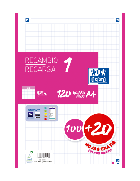 RECAMBIO COLOR 1 A4  100+20 HOJAS 5X5 FUCSIA 90GRS OXFORD 400174181