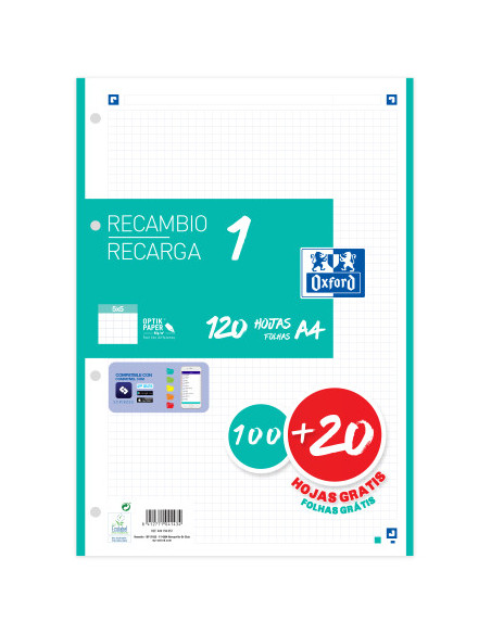 RECAMBIO COLOR 1 A4  100+20 HOJAS 5X5 ICE MINT 90GRS OXFORD 400158057