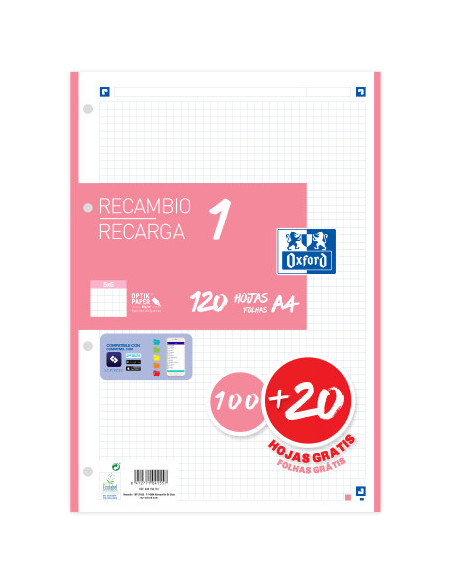 RECAMBIO COLOR 1 A4  100+20 HOJAS 5X5 ROSA CHICLE 90GRS OXFORD 400158161