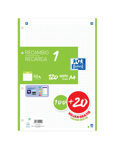 RECAMBIO COLOR 1 A4  100+20 HOJAS 5X5 VERDE 90GRS OXFORD 400158059
