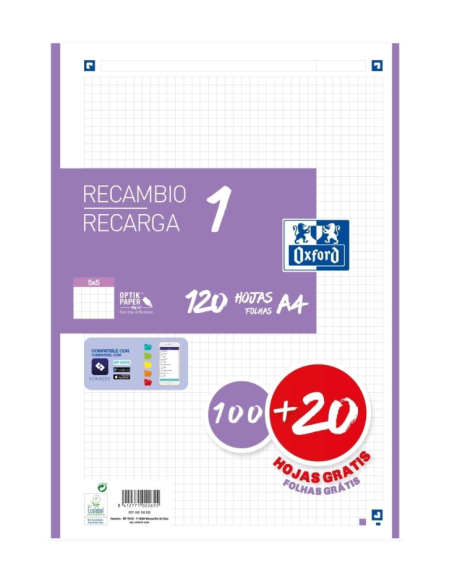 RECAMBIO COLOR 1 A4 100+20 HOJAS 5X5 LILA 90GRS OXFORD 400158164