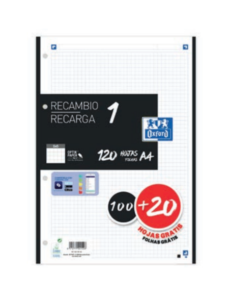 RECAMBIO COLOR 1 A4 100+20 HOJAS 5X5 NEGRO 90GRS OXFORD 400158165