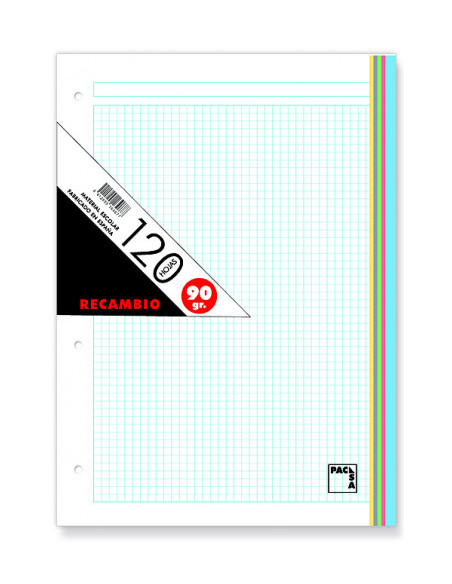 RECAMBIO DE COLORES  90 GRS. A-4 (210X297MM.) 120 HOJAS CUADRÍCULA 5X5 + GRECA 5 COLORES PACSA 21180