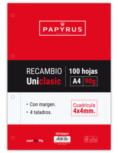 RECAMBIO PAQUETE 100 HOJAS A4 UNICLASIC 90 GR. 4X4 CON MARGEN PAPYRUS 53391000