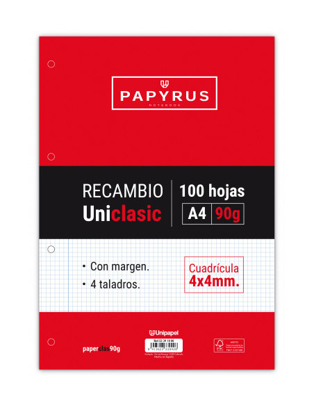 RECAMBIO PAQUETE 100 HOJAS A4 UNICLASIC 90 GR. 4X4 CON MARGEN PAPYRUS 53391000