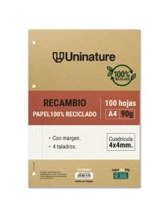 RECAMBIO RECICLADO A4 100 HOJAS 90GR CUADRICULA 4X4 MM CON TALADROS UNINATURE 53392700