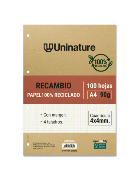 RECAMBIO RECICLADO A4 100 HOJAS 90GR CUADRICULA 4X4 MM CON TALADROS UNINATURE 53392700