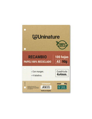 RECAMBIO RECICLADO A5 100 HOJAS 90GR CUADRICULA 4X4 MM CON TALADROS UNINATURE 53393400