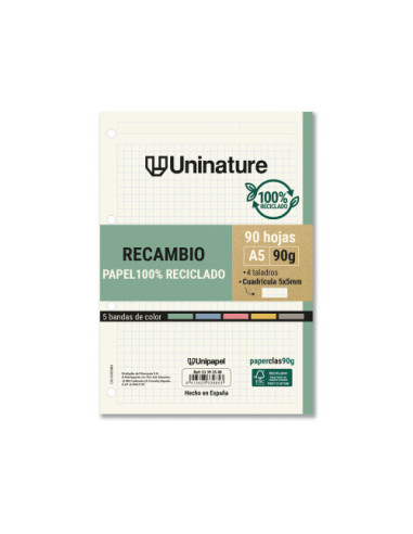 RECAMBIO RECICLADO A5 90 HOJAS 90GR CUADRICULA 5X5 MM CON TALADROS 5 BANDAS COLOR UNINATURE 53393500