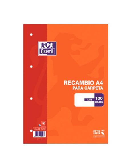 RECAMBIO TAPA BLANDA A4 100 HOJAS LISO COLOR NARANJA OXFORD 100430209