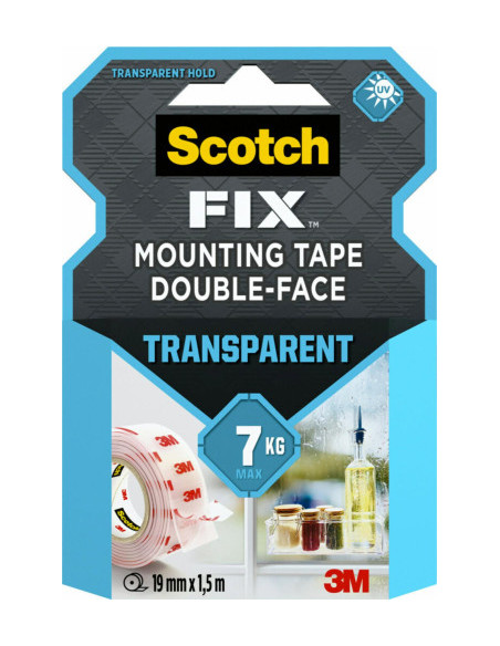 ROLLO CINTA DE MONTAJE DOBLE CARA TRANSPARENTE 19 MM X 1