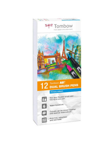 ESTUCHE 12 ROTULADORES DOBLE PUNTA PINCEL COLORES PRIMARIOS TOMBOW ABT-12P-1