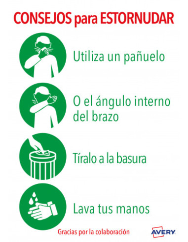 SEÑALES ADHESIVOS PREIMPRESO  "CONSEJO PARA ESTORNUDAR" SOBRE DE 2 HOJAS EN A4 AVERY AV_KITCOVID5_ES