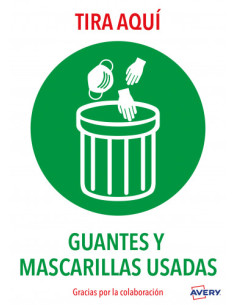 SEÑALES ADHESIVOS PREIMPRESO  "TIRA AQUÍ GUANTES Y MASCARILLAS USADAS" SOBRE DE 2 HOJAS EN A4 AVERY AV_KITCOVID7_ES