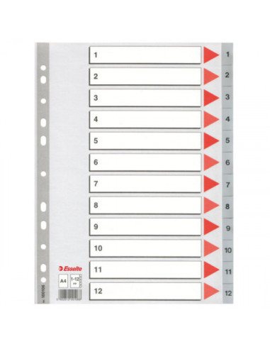 SEPARADOR NUMERICO POLIPROPILENO MULTITALADRO 1-12 FORMATO A4 COLOR GRIS ESSELTE 47138