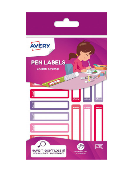 SOBRE 30 ETIQUETAS ADHESIVAS PERMANENTE 50X10MM ROSA Y VIOLETA AVERY RESMI30F-UK
