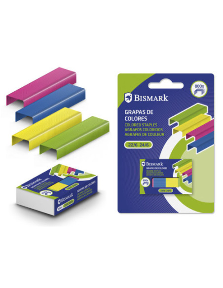 CAJA DE 800 GRAPAS DE COLORES Nº 22/6-24/6 METALIZADAS BISMARK 331279
