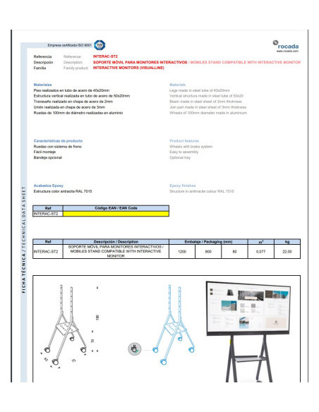 SOPORTE MÓVIL ST2 PARA MONITORES INTERACTIVOS 65-86 PULG. ROCADA INTERAC-ST2