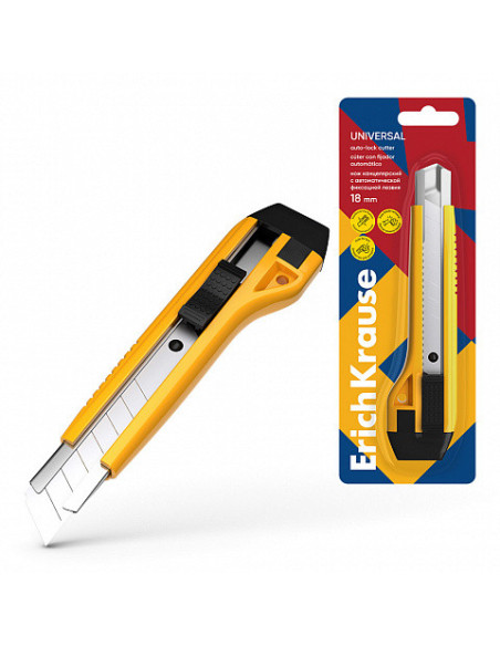 BLISTER CUTTER ESTRECHO 9MM GUIA METÁLICA Y AUTOBLOQUEO ABS AMARILLO ERICH KRAUSE 19150.